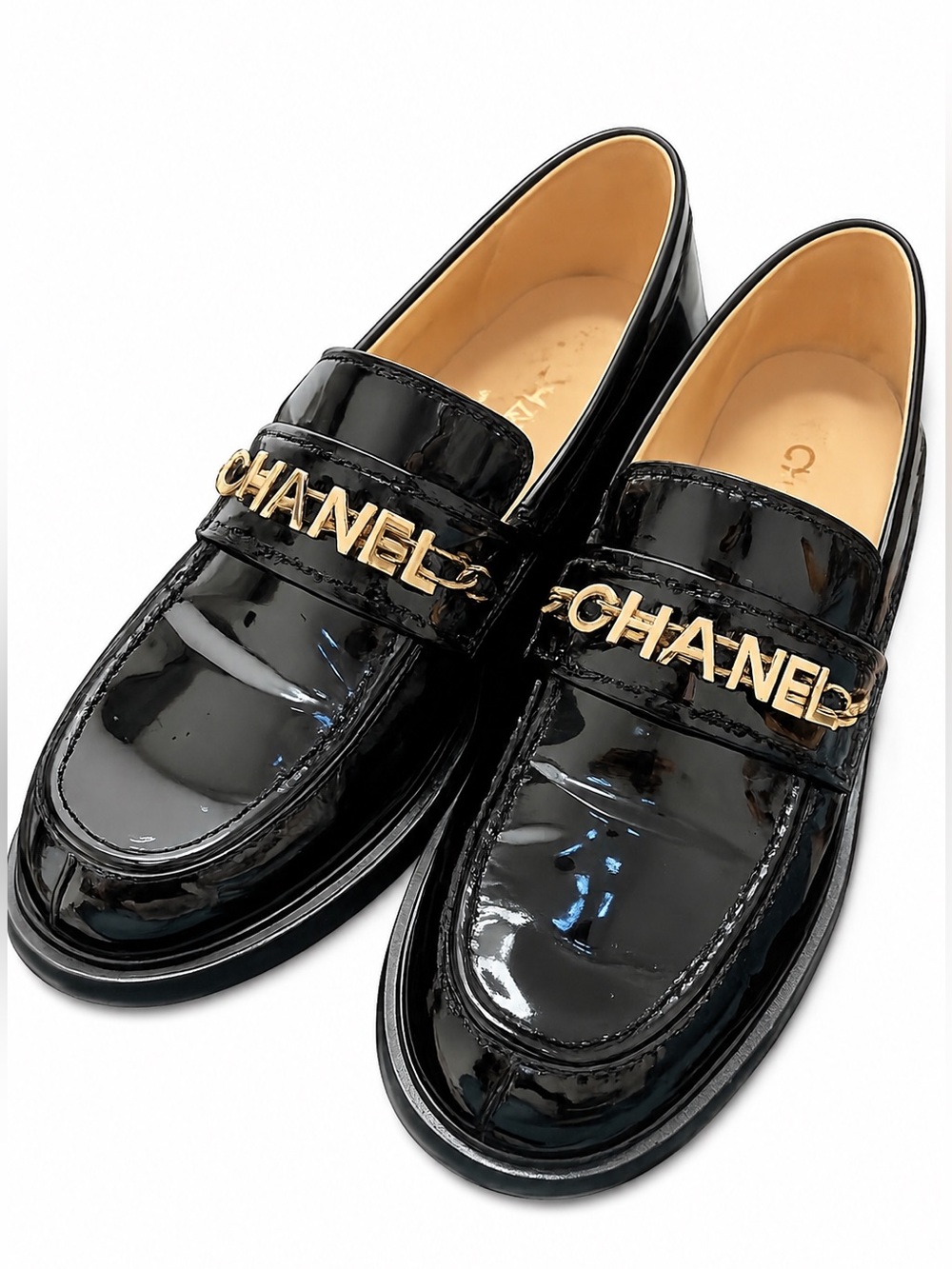 CHANEL Patent Leather Chain Logo Black Loafers – Size 39.5